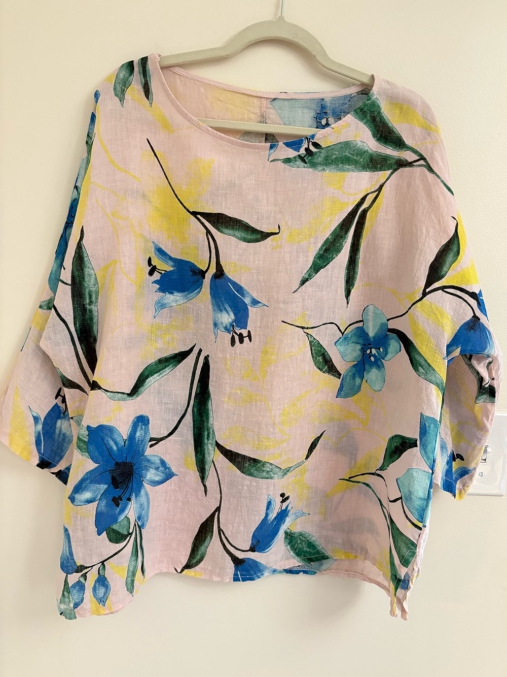 Made in Italy 100% Linen Floral Blouse Pink Print Top One Size Tunic Linen Top